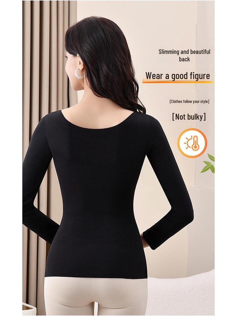Women's Double-Sided Velvet Self-Heating Top with Fixed Cups, Thickened Waist, Long Sleeves - Warm Autumn Shirt.