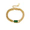 18K Gold Plated Double Cuban Link Bracelet with Green Rectangle CZ, Dainty Cuban Chain Bracelet, Adjustable Punk Jewelry for Women Daily Wear Gift