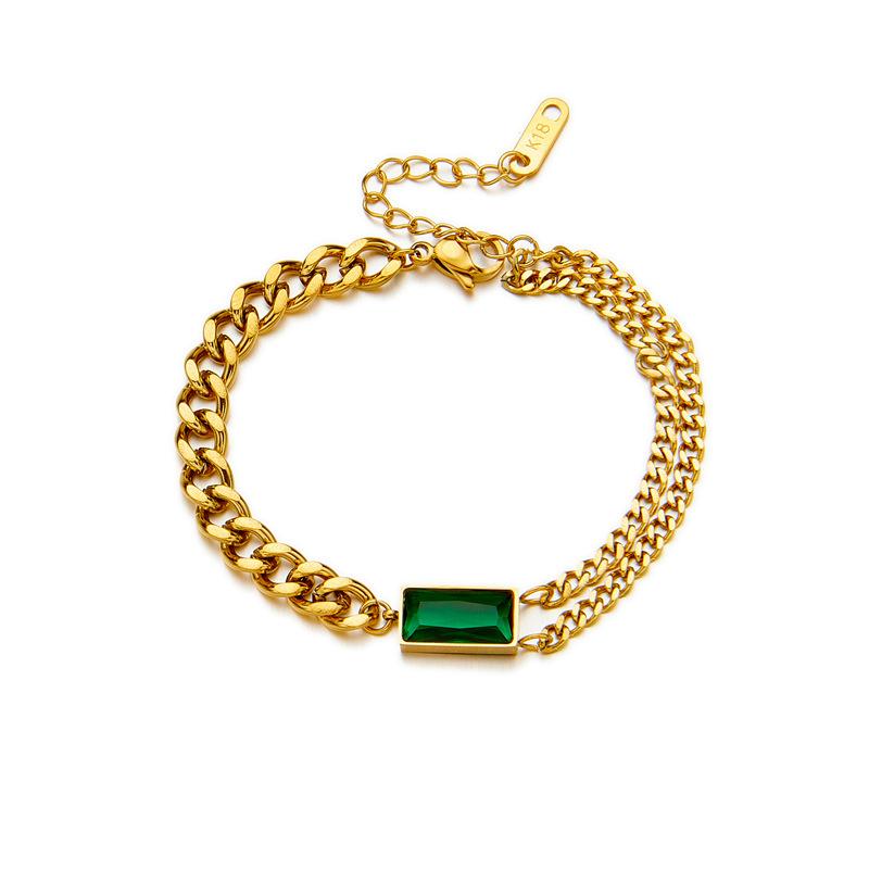 18K Gold Plated Double Cuban Link Bracelet with Green Rectangle CZ, Dainty Cuban Chain Bracelet, Adjustable Punk Jewelry for Women Daily Wear Gift
