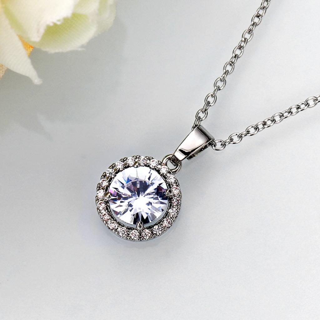 Round Center Stone Micro Pave Halo Pendant Women Cable Link Chain Clavicle Necklace