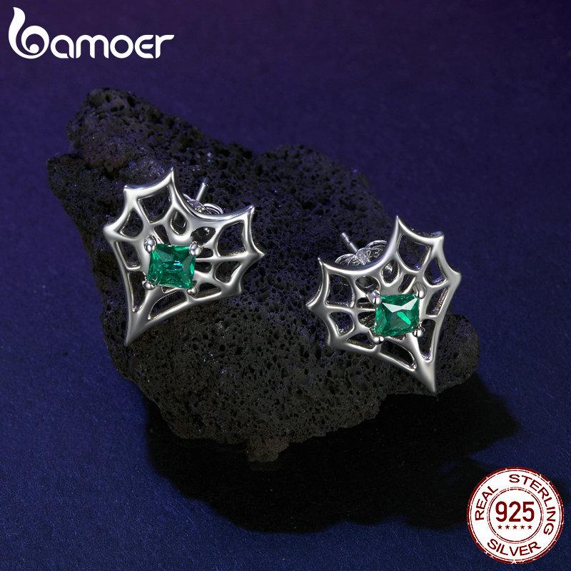 Bamoer Masivní náušnice z ryzího stříbra 925 s halloweenskou pavučinou pro ženy, hypoalergenní puzetové náušnice, narozeninový šperk jako dárek
