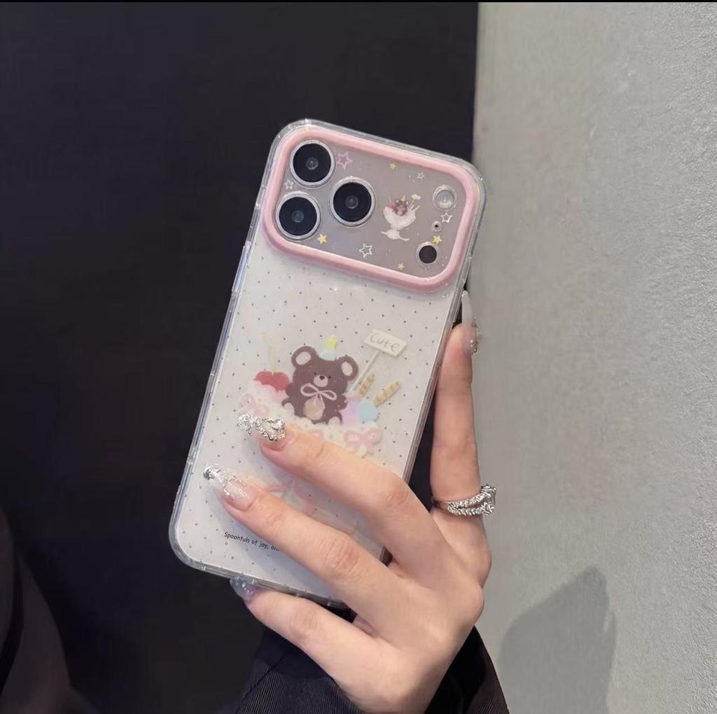 Korean Glitter Polka Dot Ice Cream Bear iPhone 16/15/17 Pro Max Case