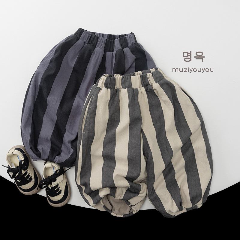 Korean Style Unisex Kids Striped Thickened Fleece Loose Wide Leg Trousers