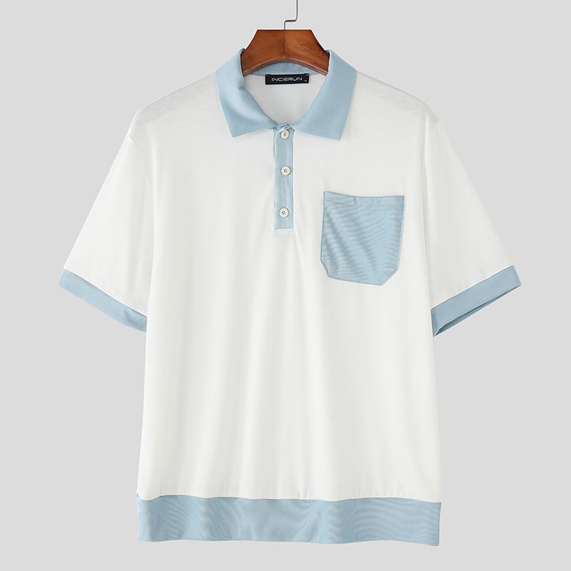 

INCERUN Men Casual Loose Lapel Short Sleeve Stitching Office T-shirts Tops 5XL синій