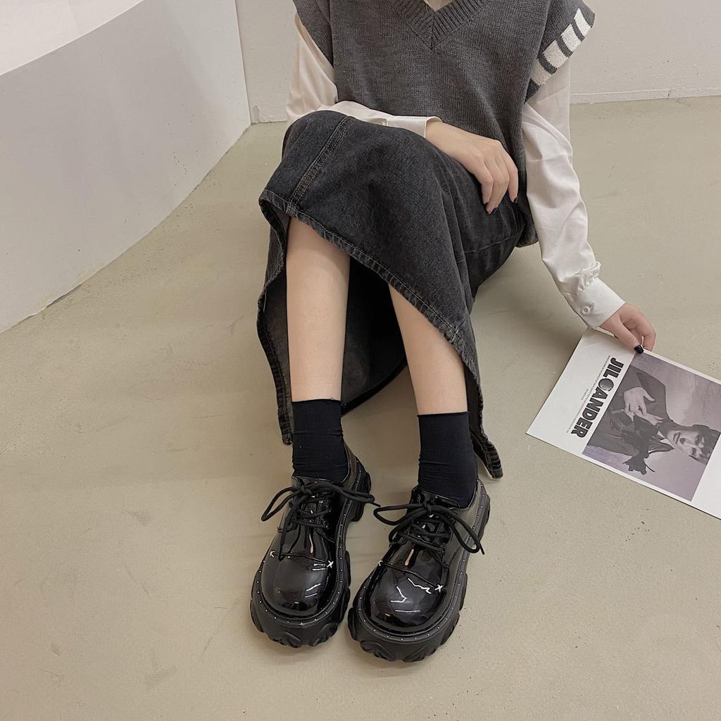 British style black platform shoes women's spring and summer new niche with skirt small leather shoes lace-up versatile single shoes