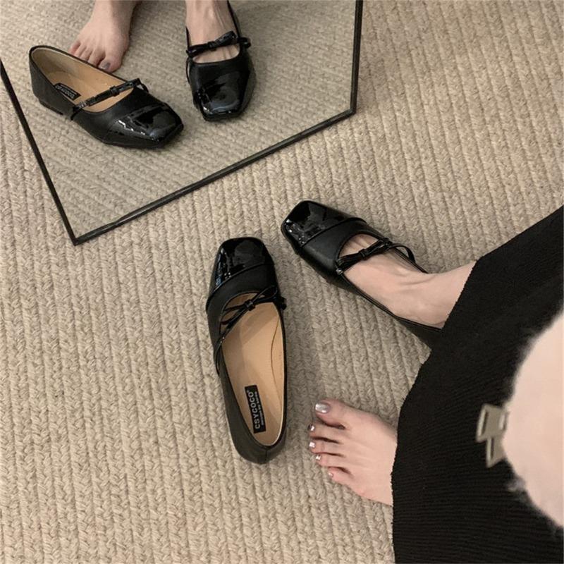 Fashion French Shallow Single Shoe Women's 2025 Spring Autumn New Evening Flat Shoe Square Head Mixed Black Mary Sandals Polyurethane So