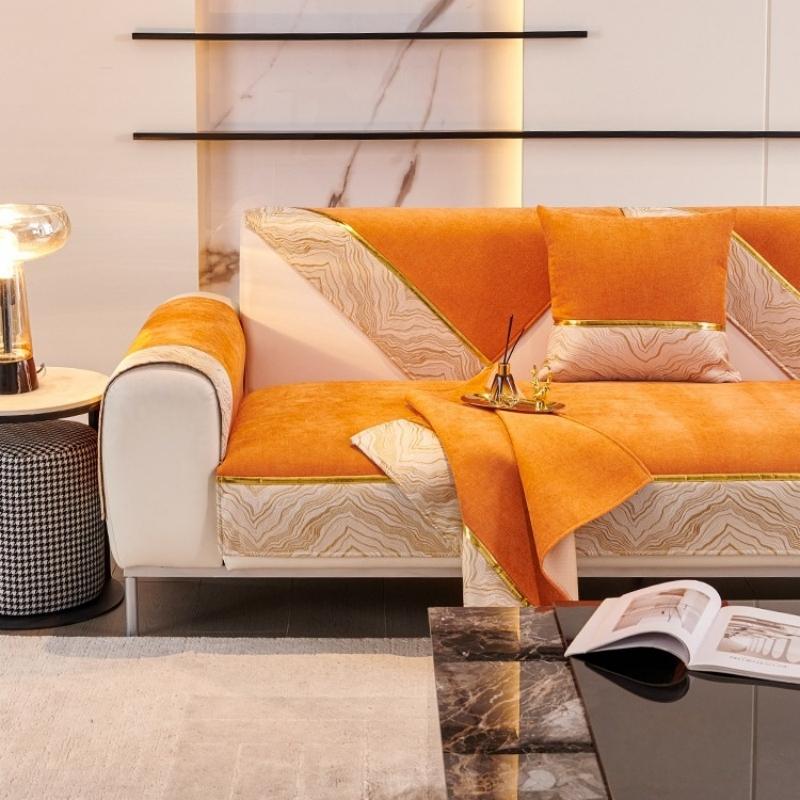 1Pc Light Luxury Gold Trim Non-Slip Sofa Cover, All-Season Chenille Cushion Protector With Contrast Hem, Couch Seat Cover Decor