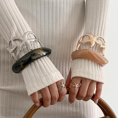 European-American Metal Flower Butterfly Open Bangle Acrylic Bracelet