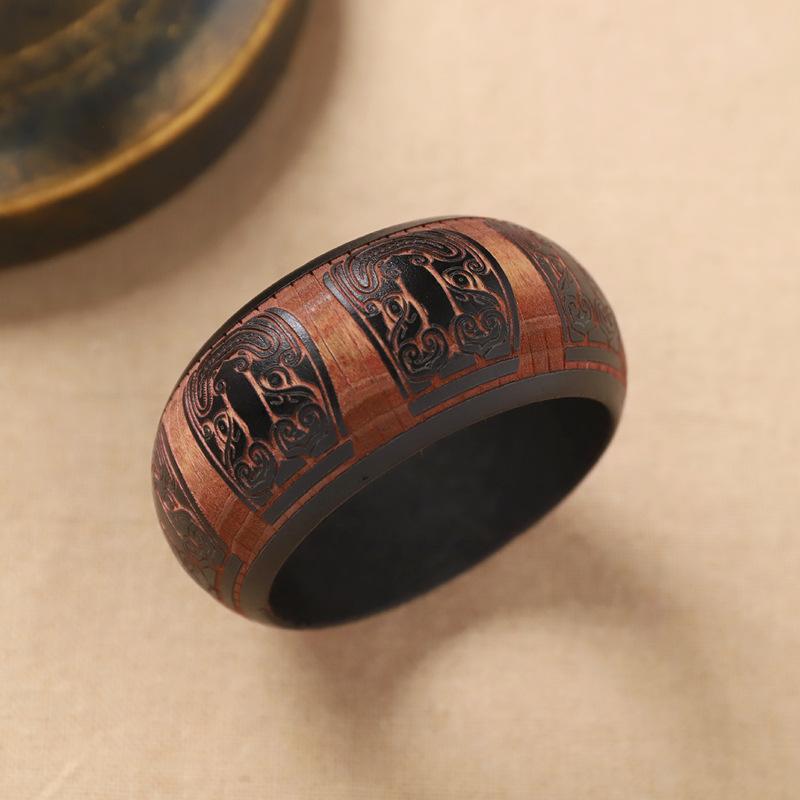 Retro breites Holzarmband - Chinesischer ethnischer Stil Handring - Holzschnitzerei Armband