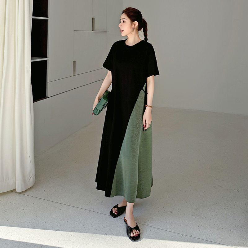 

High-End Contrast Color Patchwork Pleat Short sleeve Dress Women 2025 Summer Plus size Slimming Temperament French style Long Skirt Black L