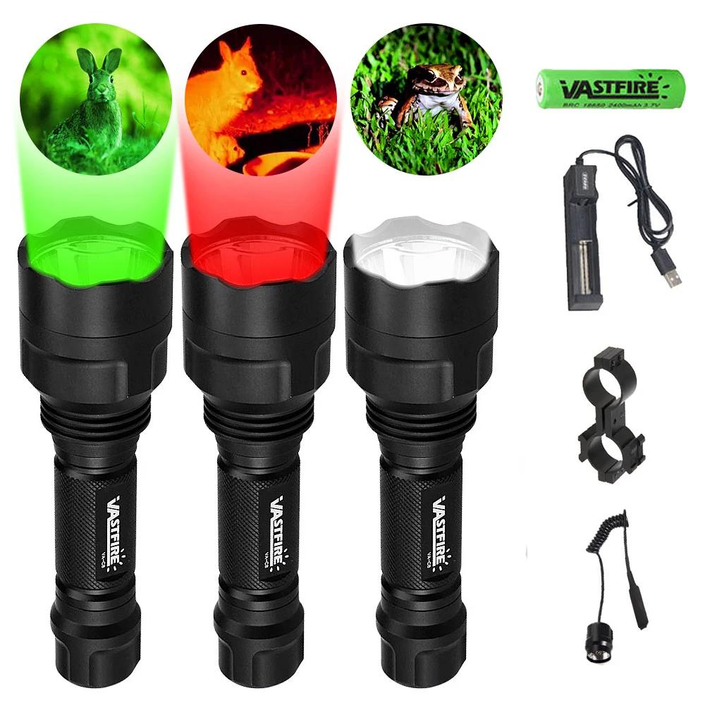 Taktische C8 Jagd-Taschenlampe Grün Rot 1-Modus Predator Hand-Taschenlampe für Kojote Wildschwein Raubzeug+Clip+Heckschalter+18650+Ladegerät