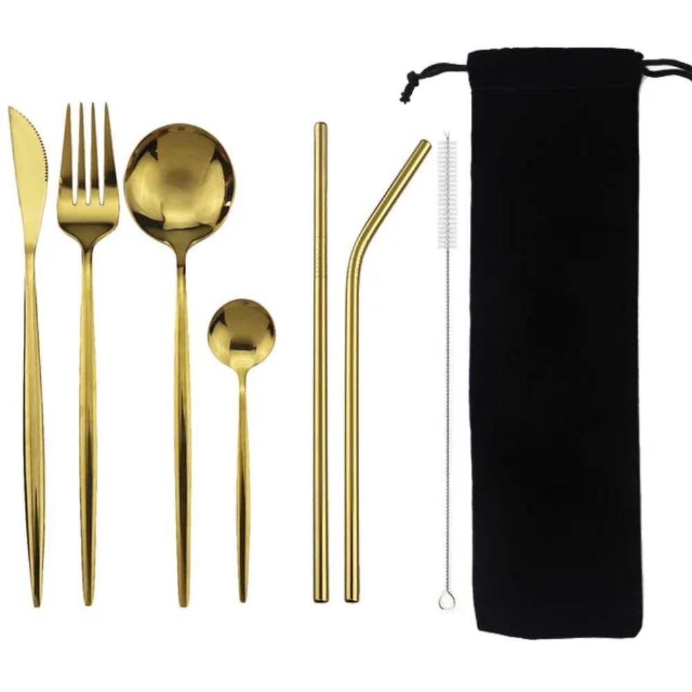 8Pcs/set Tableware Reusable Travel Cutlery Set Camp Utensils Set with Stainless Steel Spoon Fork Chopsticks Straw Portable Case