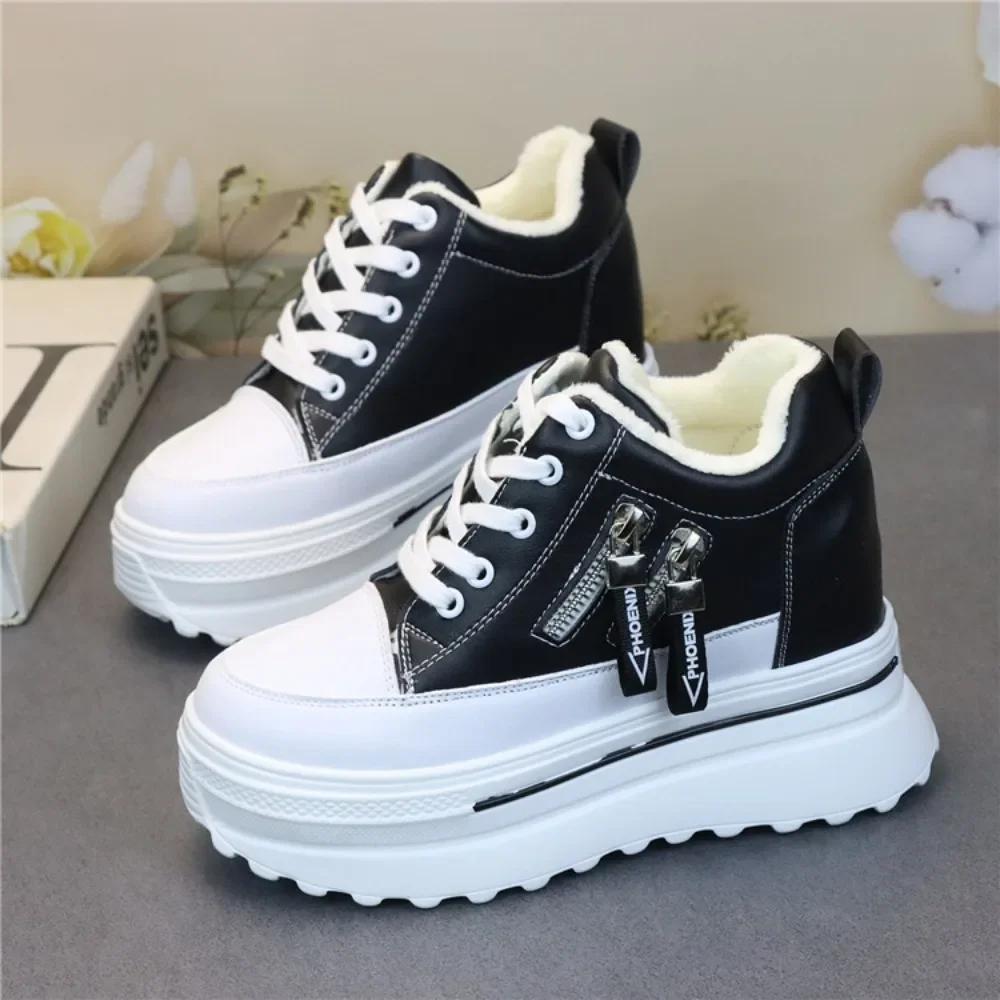 Fashion 9cm Fashion Cashmere Warm Lace-up Small White Shoes Increase Round Head Casual Winter Large Size Muffin Women's Cotton Shoes