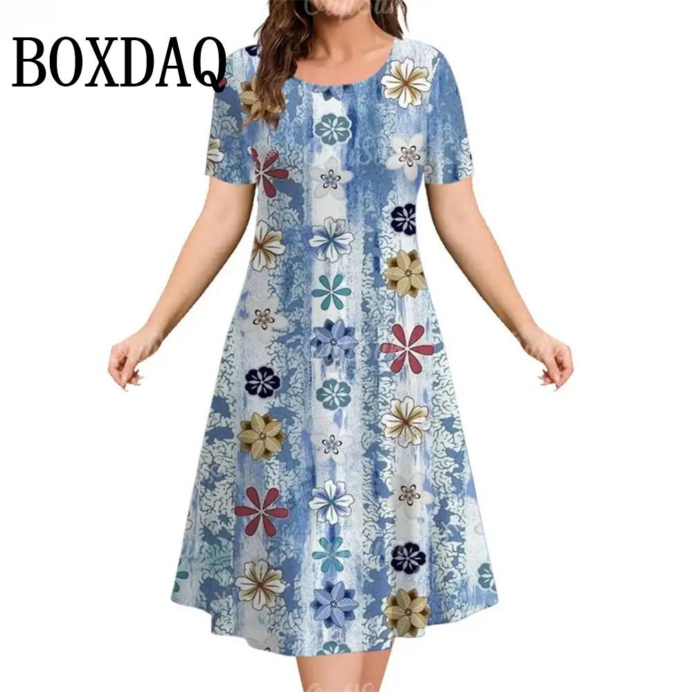 Summer Women's Dress Fashion Floral Pattern Short Sleeve Dresses Loose Plus Size Casual Round Neck Print Clothing Elegant Dress