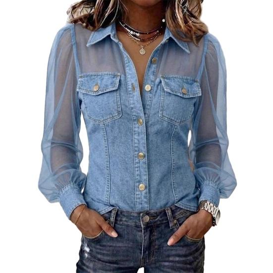 Dame Skjorte Gjennomsiktig Mesh Lappeteppe Kald Skulder Langermet Denim Topper Krage Knapper Stolpe Skjorte Country Konsert Klær