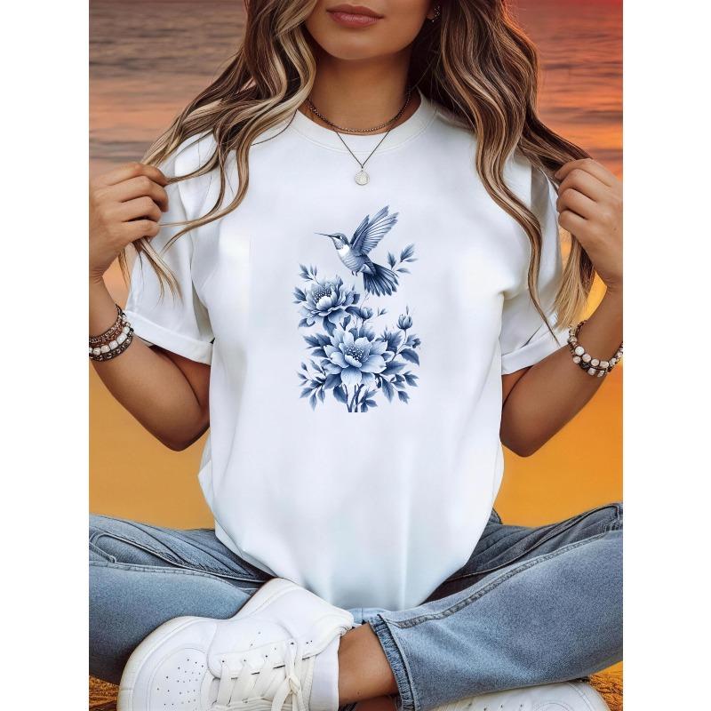 Women S Summer Tops Casual Short Sleeve T Shirt Blue Bird And Flowers Pattern Daily And Wrinkle Free |Women S Fashion S белый