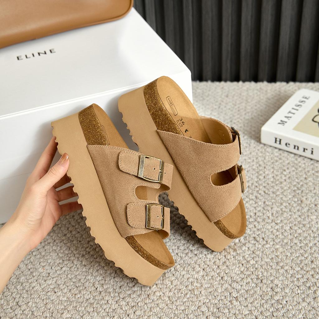 Fashion 2024 Summer Women's Platform Cork Slippers Cow Suede Leather Two Buckle Flats Sandals For Women Retro Garden Mule Clog Slides