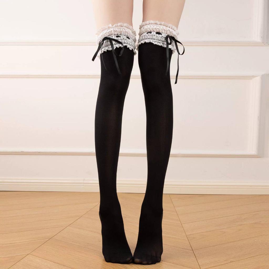 Lace Sock Mouth Bowknot Sexy Above Knee Stocking Cute Women'S Spring Autumn Thin Oil Shiny Stocking Party Maid Socks Fashion