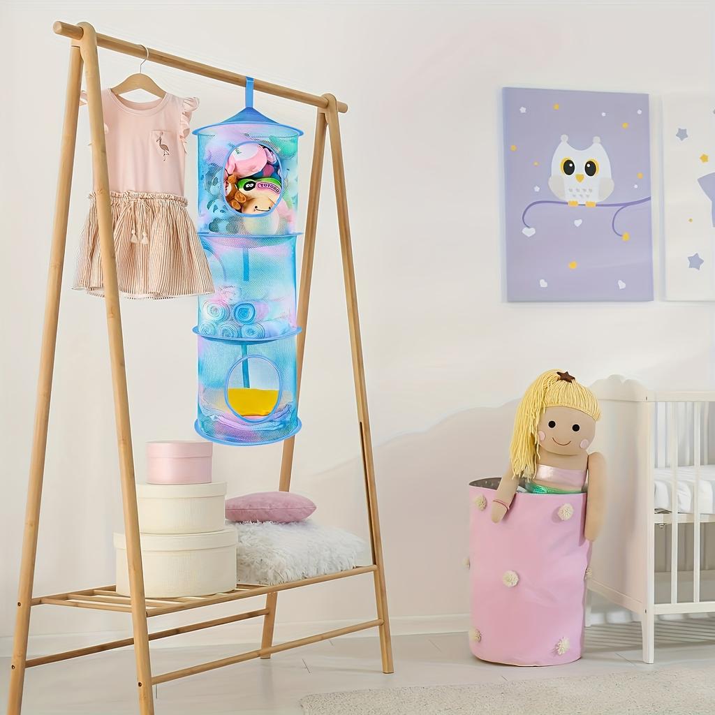 3-Tier Hanging Mesh Organizer with Stacking Open Cages - Ideal for Plush Toy, Multi-Purpose Toy Hammock, Cylindrical Storage Net Hammock