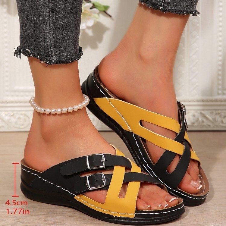 Color matching slope heel thick bottom cool slippers summer new open-toed European and American large size one-word beach slippers