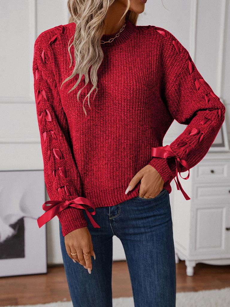 Women's Fashion Casual Pullover Loose Bowknot Solid Color Knitted Long Sleeve Sweater
