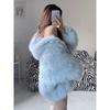 Damen Kunstfuchs Pelzmäntel Jacken Mittellang Blau Mit Kapuze Langarm Dick Warm Lockere Passform Freizeit Herbst Winter