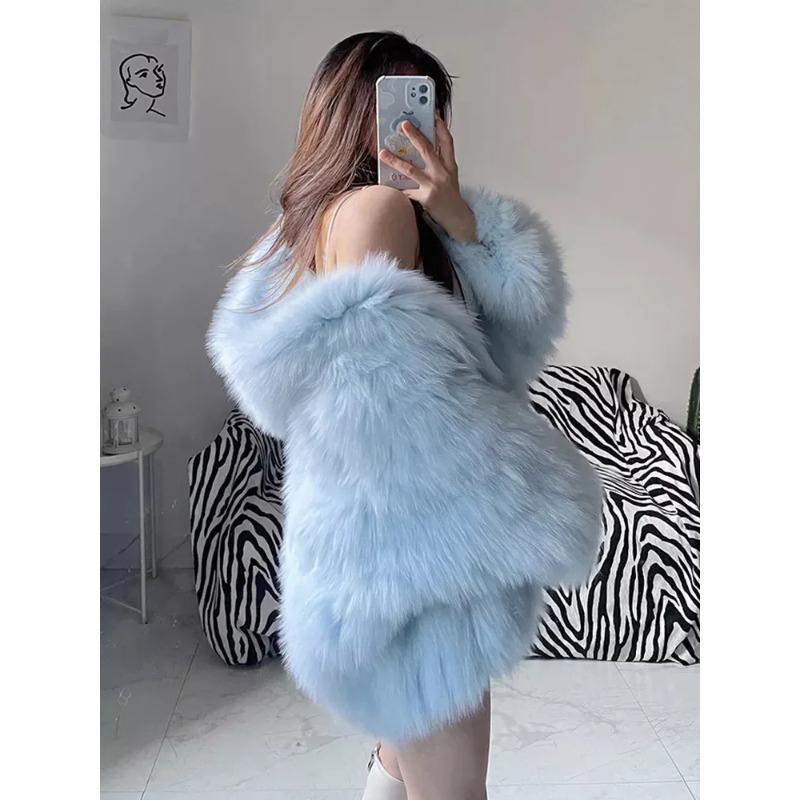 Damen Kunstfuchs Pelzmäntel Jacken Mittellang Blau Mit Kapuze Langarm Dick Warm Lockere Passform Freizeit Herbst Winter