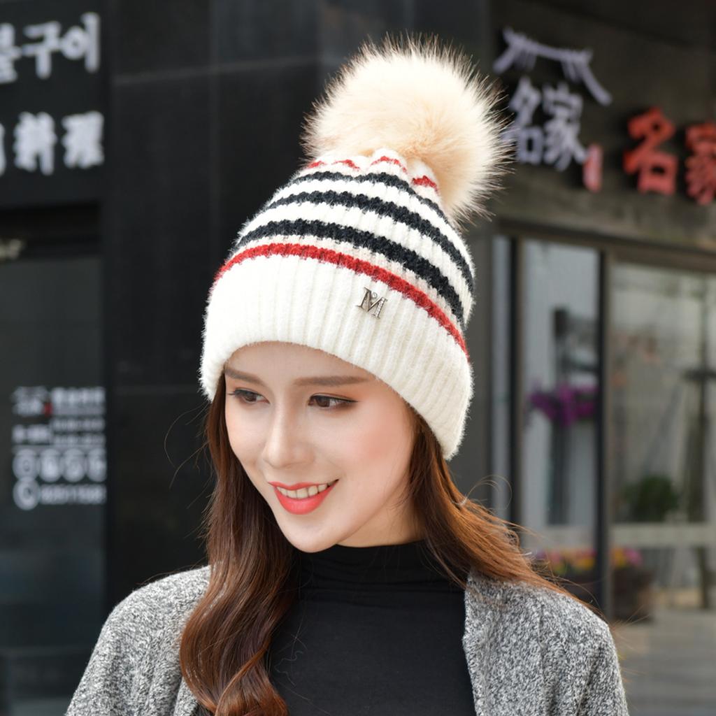 Autumn and Winter Woolen Imitation   Wool Ball Knitted Colorful Striped Hat Warm Ear Protecting Hat  Slimming Face Casual Trendy Hat