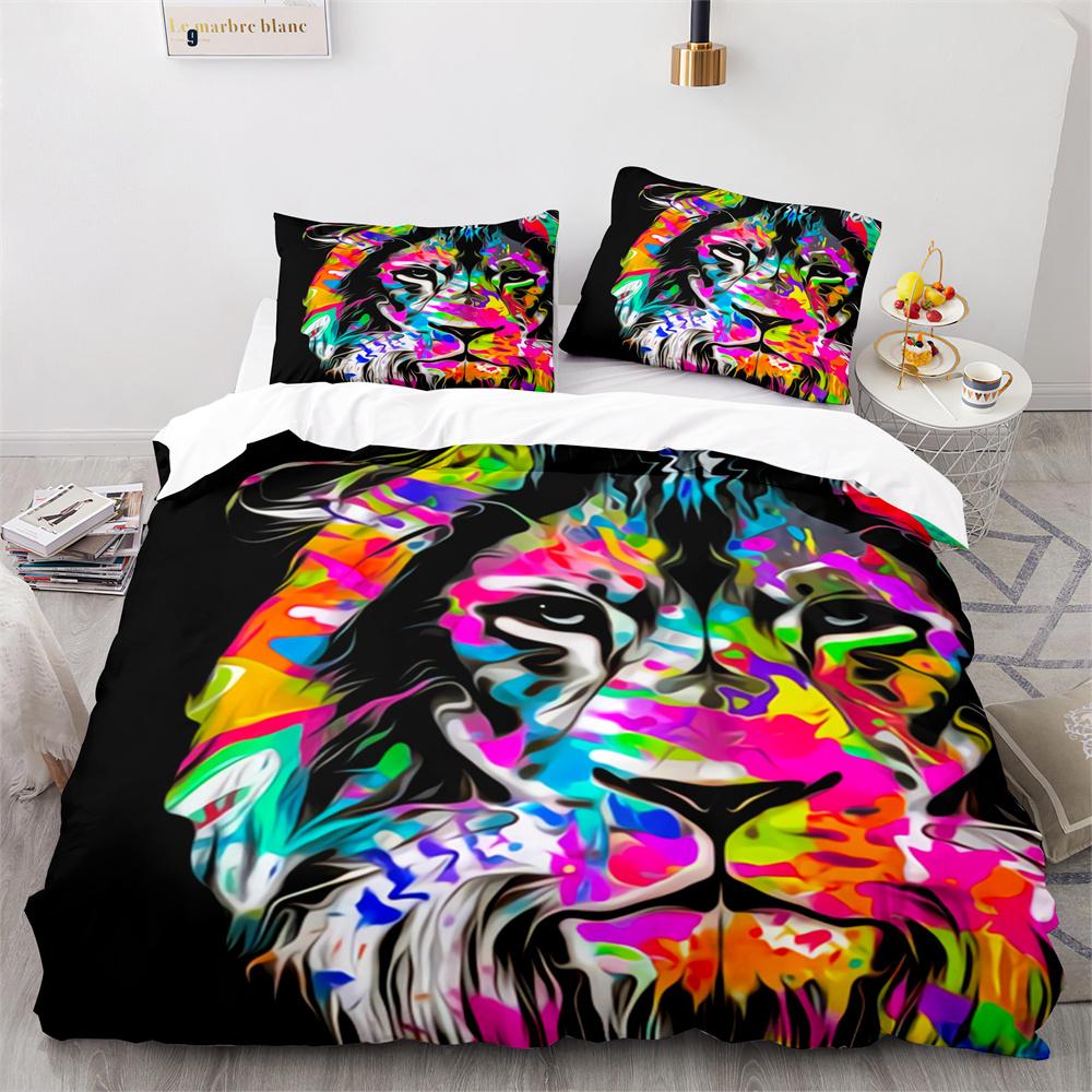 Lion Duvet Cover Set 3D Print Wild Animals Colourful King Queen Size For Kids Teens Adults Bedding Set Polyester Comforter Cover
