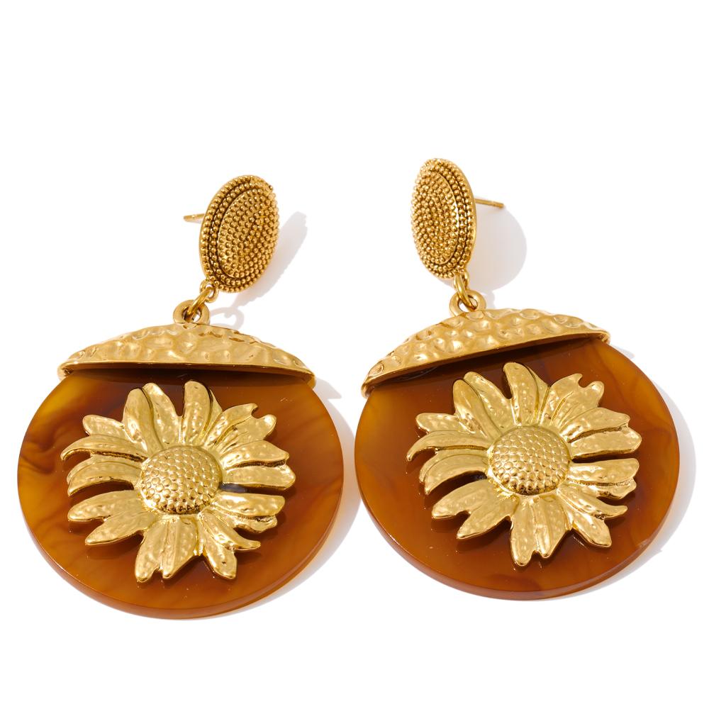 Eetit New Resin Acrylic Round Sun Flower Drop Dangle Earrings Golden Stainless Steel Autumn Winter Style Jewelry Waterproof Gift