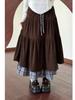 Melard Women's High-Waisted Brown Patchwork Plaid Corduroy Skirt - Korean Style Niche Cake Long Skirt