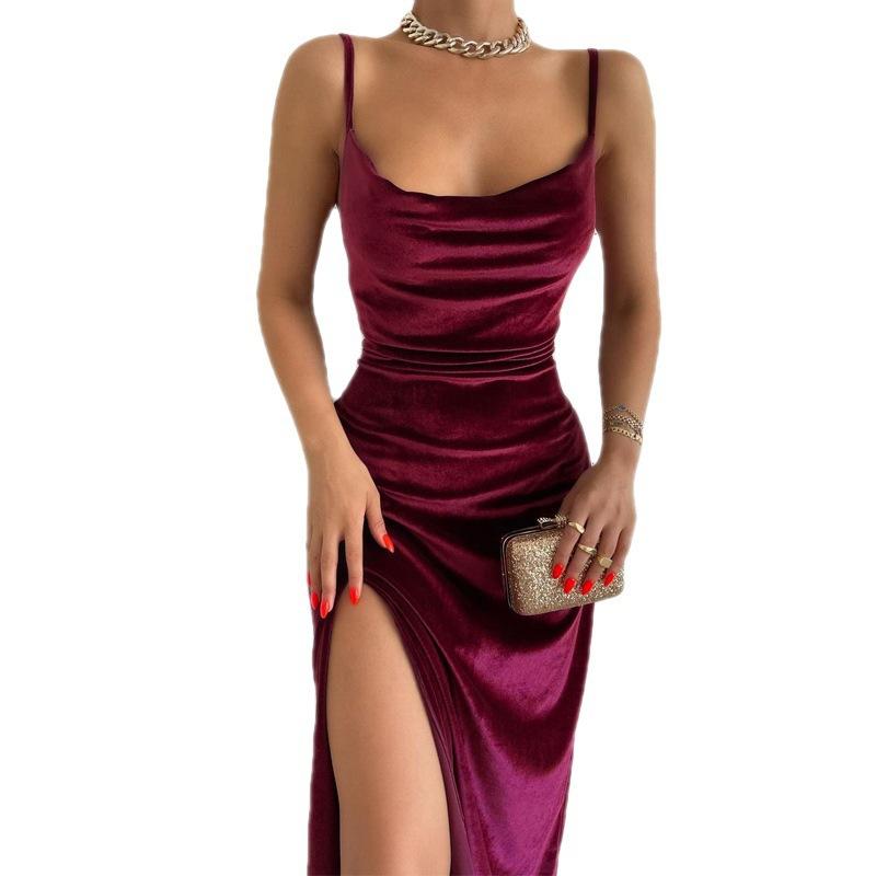 Women's Spring Summer Sexy Velvet Spaghetti Strap Maxi Dress, Slim Fit High Slit Cowl Neck Evening Party Formal Cocktail Gown