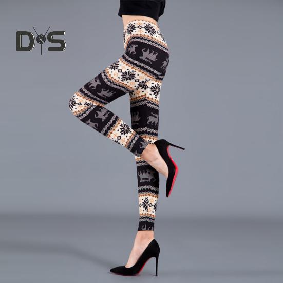 Høst Vinter Damebukser Snowflake Elgtrykk Høy midje Magekontroll Myk Elastisk Termisk Skinny Butt løftet Yogabukse Lady Leggings