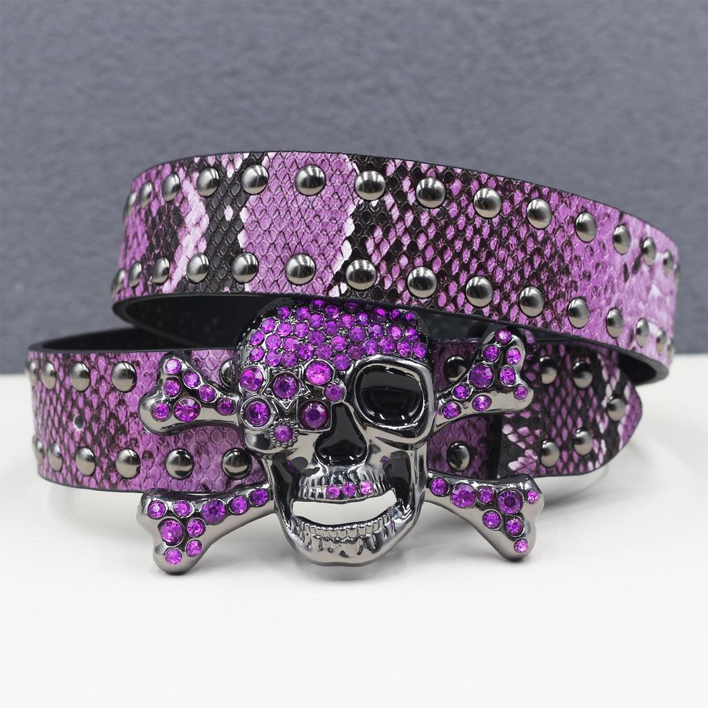 Y2K Rhinestone Skull & Snake Punk Belt - Unisex Leather with Rivet Decoration