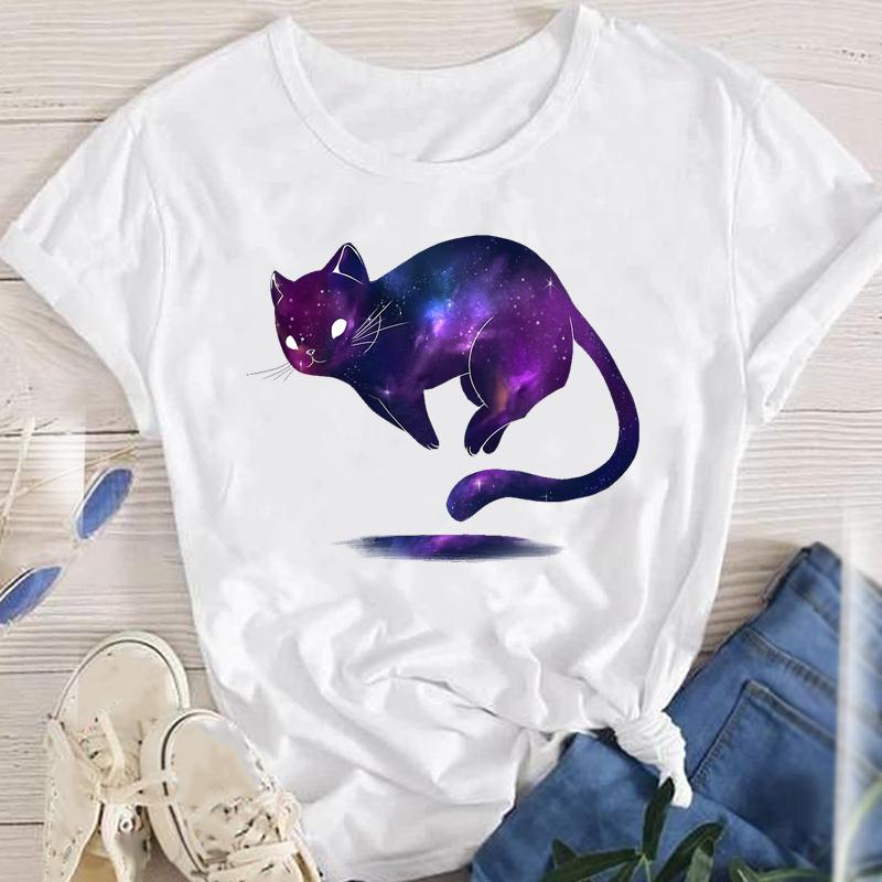 Fashion Cartoon Cat Plant Casual New Lovely Tees Women Short Sleeve Lady Female Graphic Tops Clothes Print Tshirt TShirt