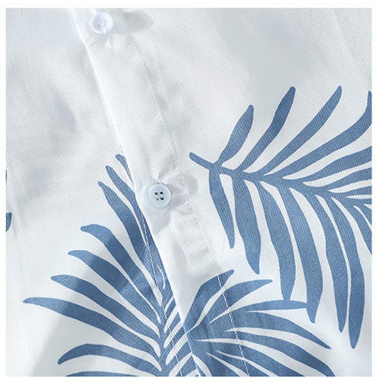 Mens Hawaiian Resort Style Palm Leaf Print Turn Down Collar Short Sleeve Shirts