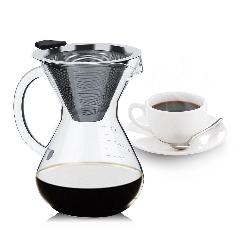 Richer-R 400ml Glass Hand Drip Coffee Pot with Stainless Steel Filter, Heat-Resistant Glass, Handheld Coffee Dripper with Thick Handle, Insulated,