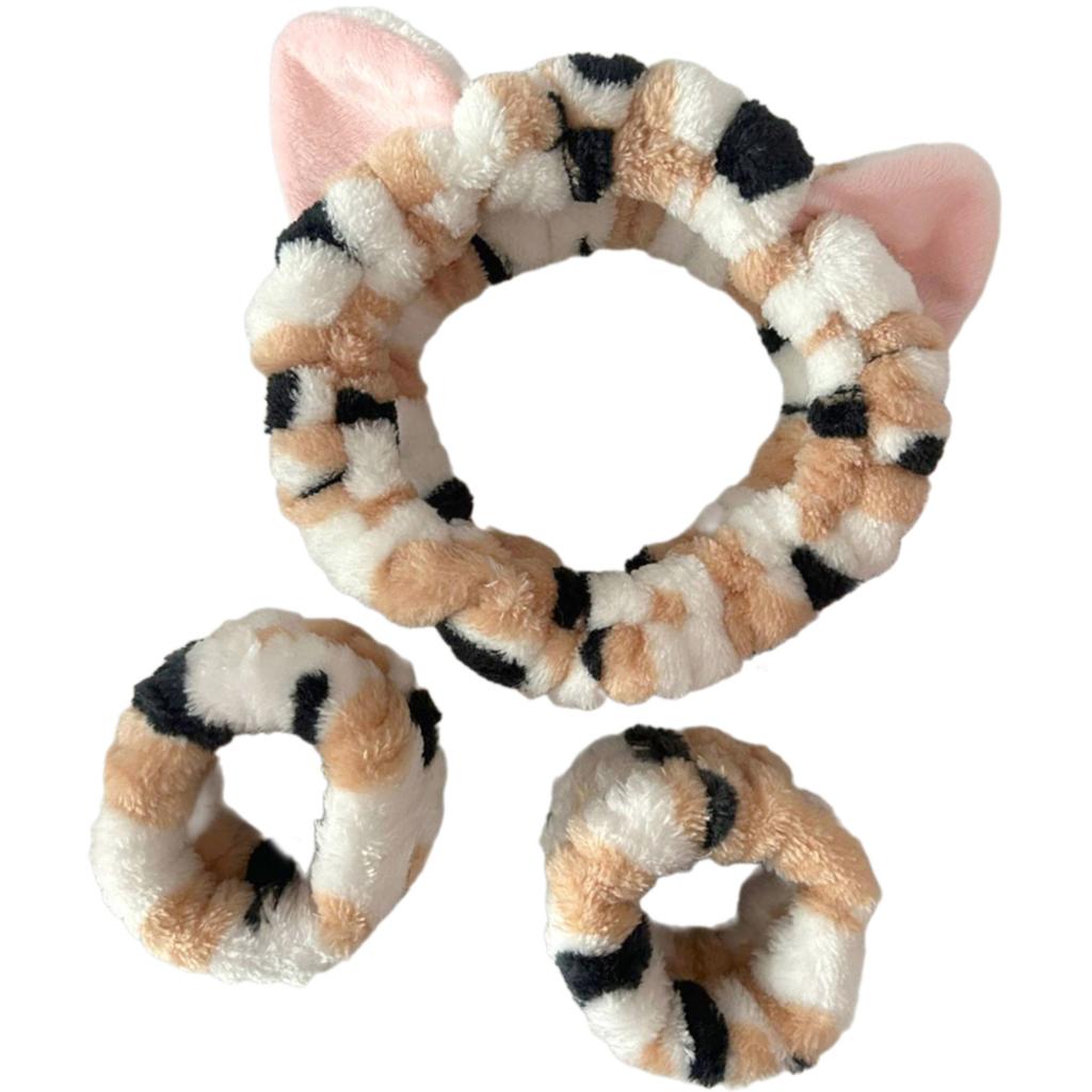 1set Elastic Women Shower Hairband & Wristband Cute Kitten Plush Face Wash Hairband Home Makeup Headband Wristband