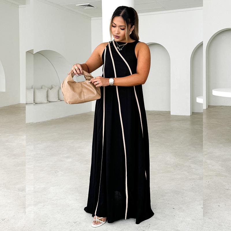 Women's fashion solid color splicing striped simple sleeveless loose dress women