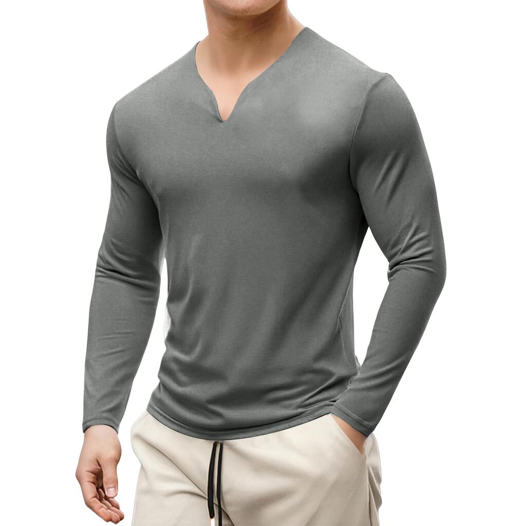 Męska casualowa koszulka sportowa i fitness, rozmiar plus, męska elastyczna i wygodna, z długim rękawem i dekoltem w serek, bazowy top