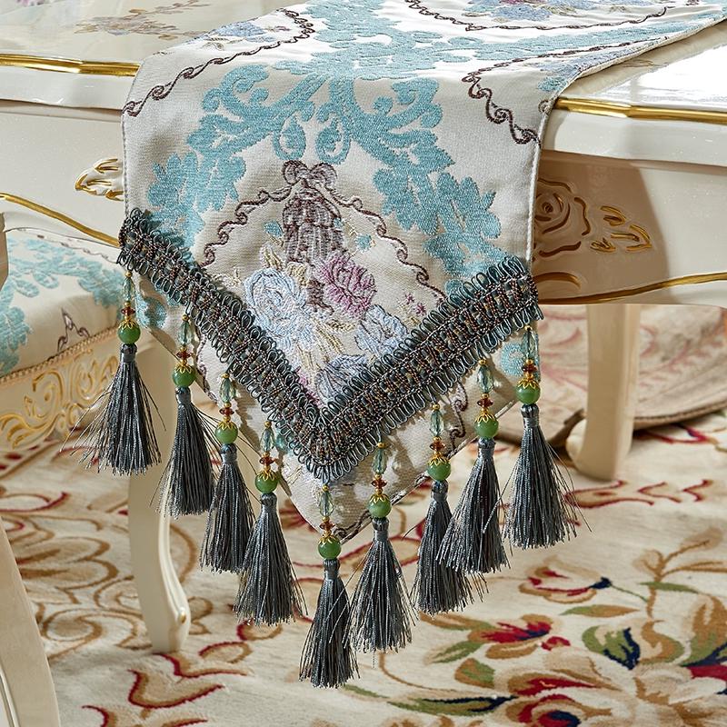 Big Patterns Table Runner Chinese Blue Table Flag Tea Table Close Tv Cabinet Cover Cloth with Tassels