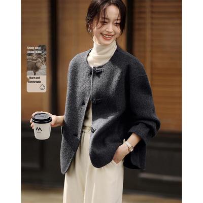 Women's Classic Round Neck Toggle Button Double-sided Wool Coat