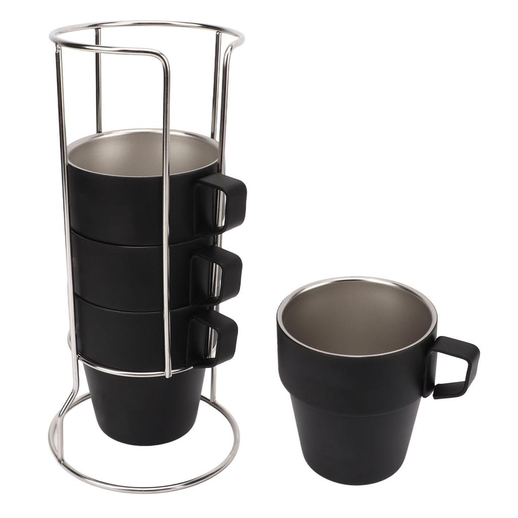 4PCS Camping Double Layer Cups Stainless Steel Food Grade Plastic Spraying Stackable Coffee Cup for Picnic Black