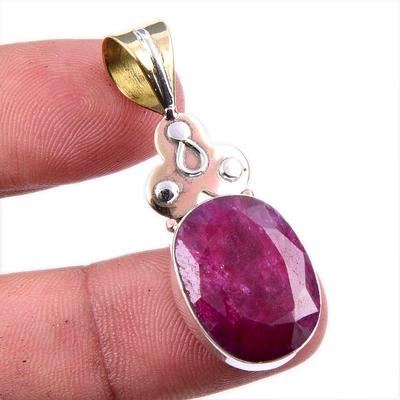 Red Ruby(Simulated) Handmade 925 Sterling Silver Two Tone Pendant 1.75" f4G06