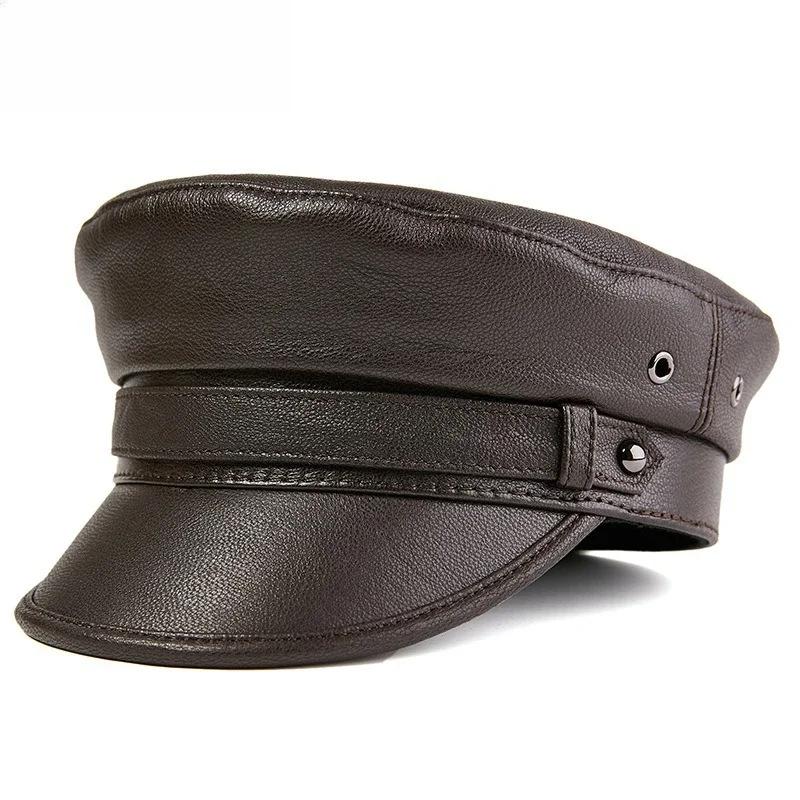 100% Sheepskin Military Hat - XXL Genuine Leather Flat Top Cap for Men/Women, Vintage Rock Style Unisex Headwearoll Captain Hat