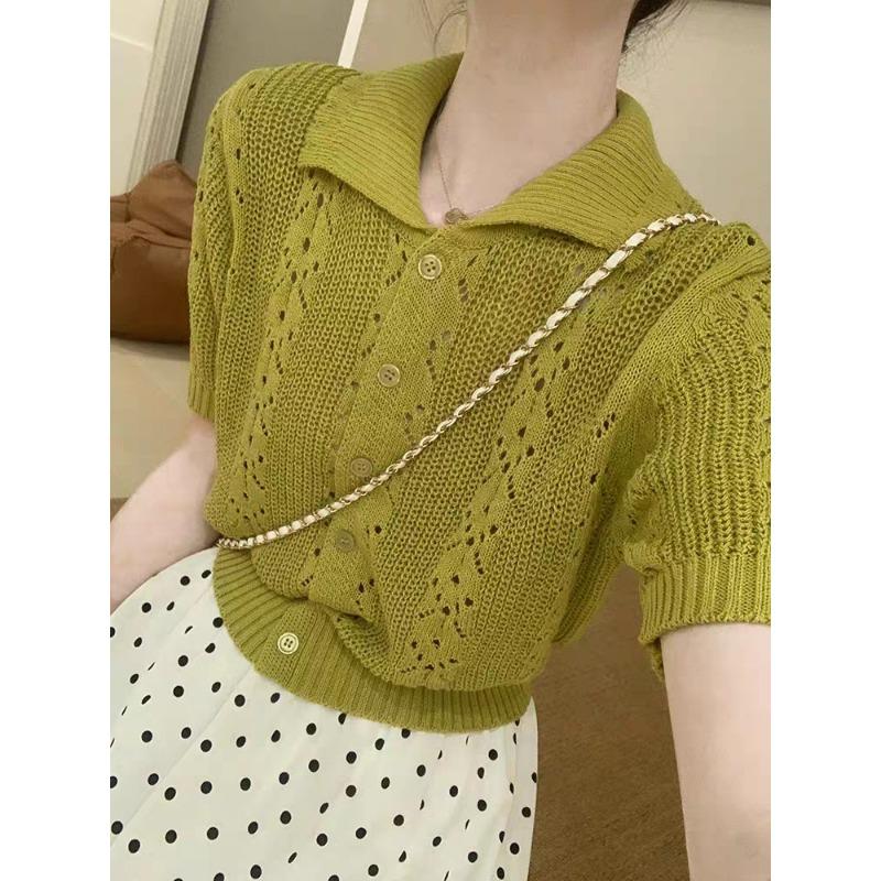 

Летний трикотажный свитер из ледяного шелка с ажурным узором, с коротким рукавом, с синим отложным воротником, женский, новый, для работы, универсальный, шикарный топ-поло one size fits all армия зеленый