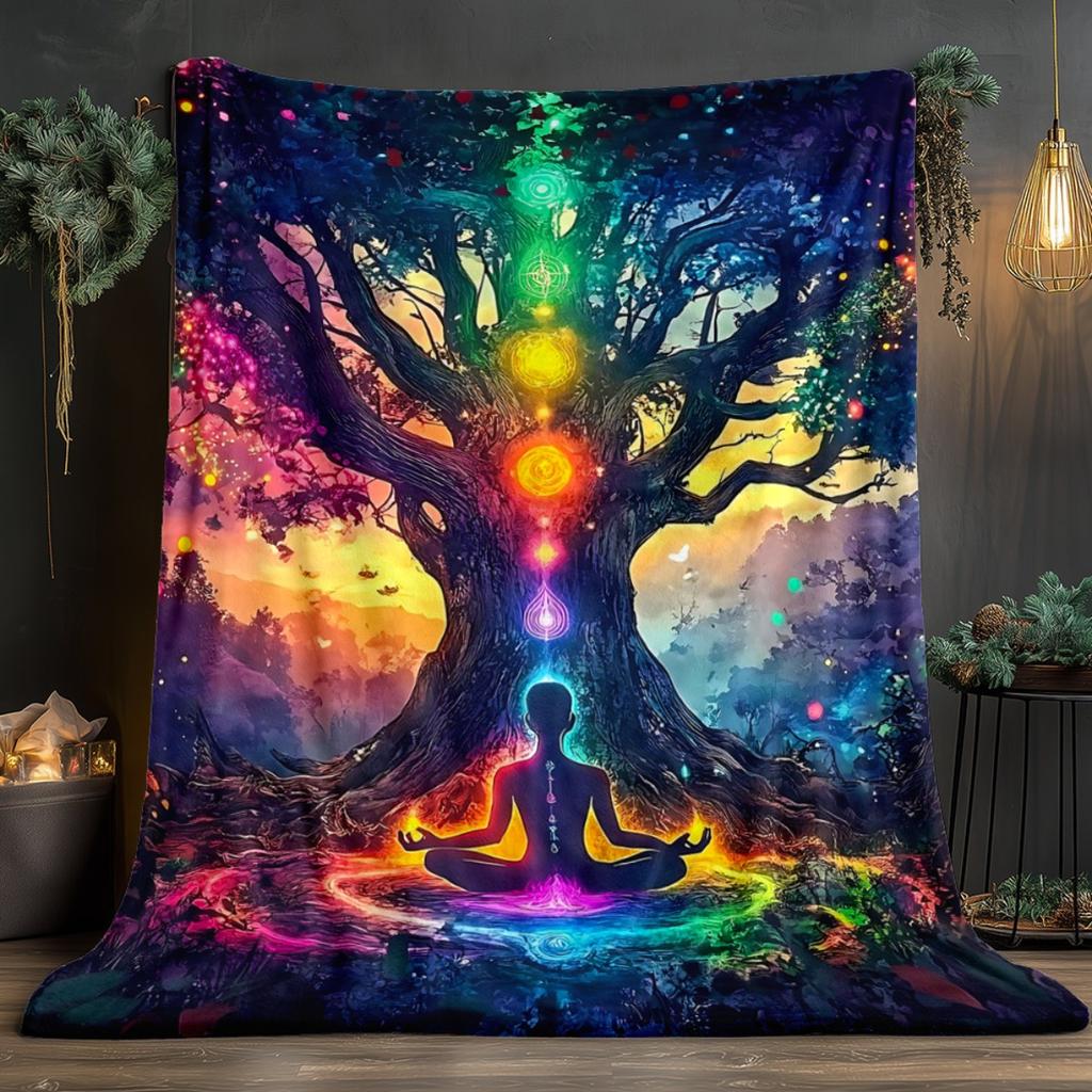 1pc Meditation Under the Tree Portable Blanket- Lightweight Throwfor Sofa, Travel, Camping, Livingroom, Office, Couch, Chair, and Bed - Digi