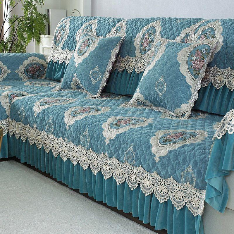 Thicken Lace Embroidered Sofa Cover Cotton Padded Chenier Sofas Cushion L Anti Slip Seat Cushion Furniture Protection Dust Covers Cloth