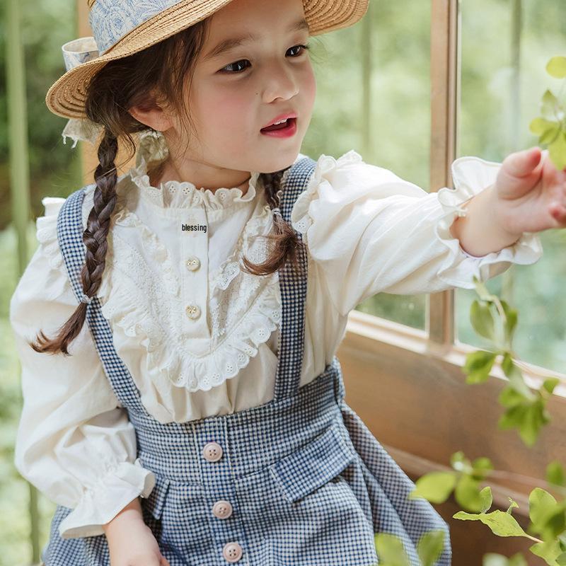 2025 Spring Vintage Puff Sleeve Lace Collar Shirt for Toddler Girls