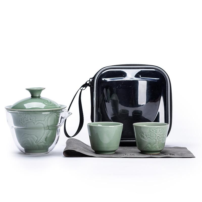 Celadon Ge Kiln Opening Film Can Raise Outdoor Portable Travel Tea Set, One Pot and Two Teacups, Gifts